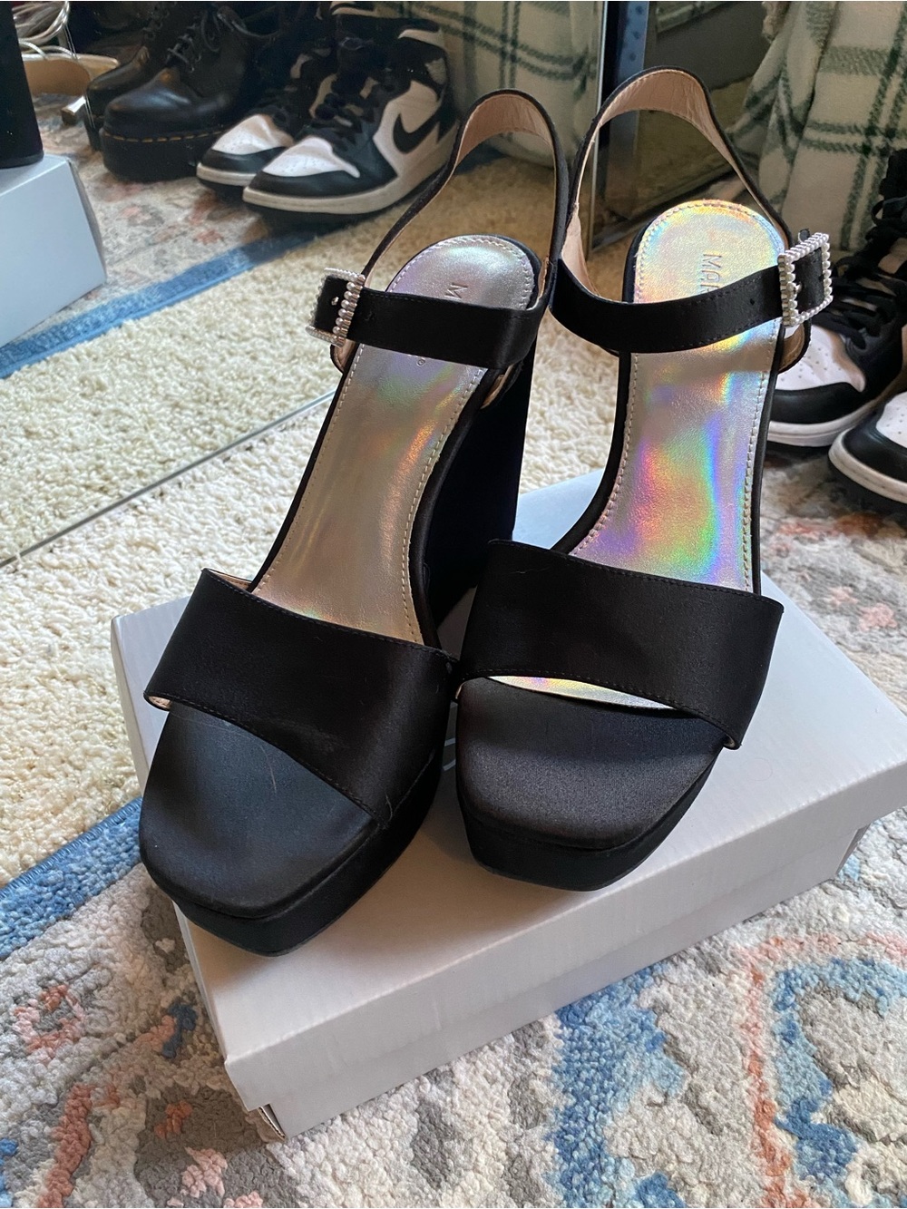 Black Platform Slingback Heels with Rhinestone Buckle
